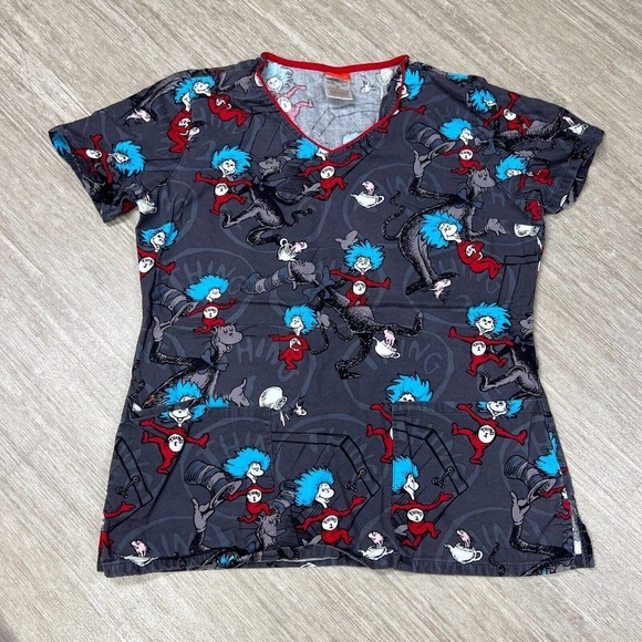 Dr. Seuss Scrub Top Women's Small Thing 1 & Thing 2 Front Pockets 100% Cotton - Picture 1 of 4